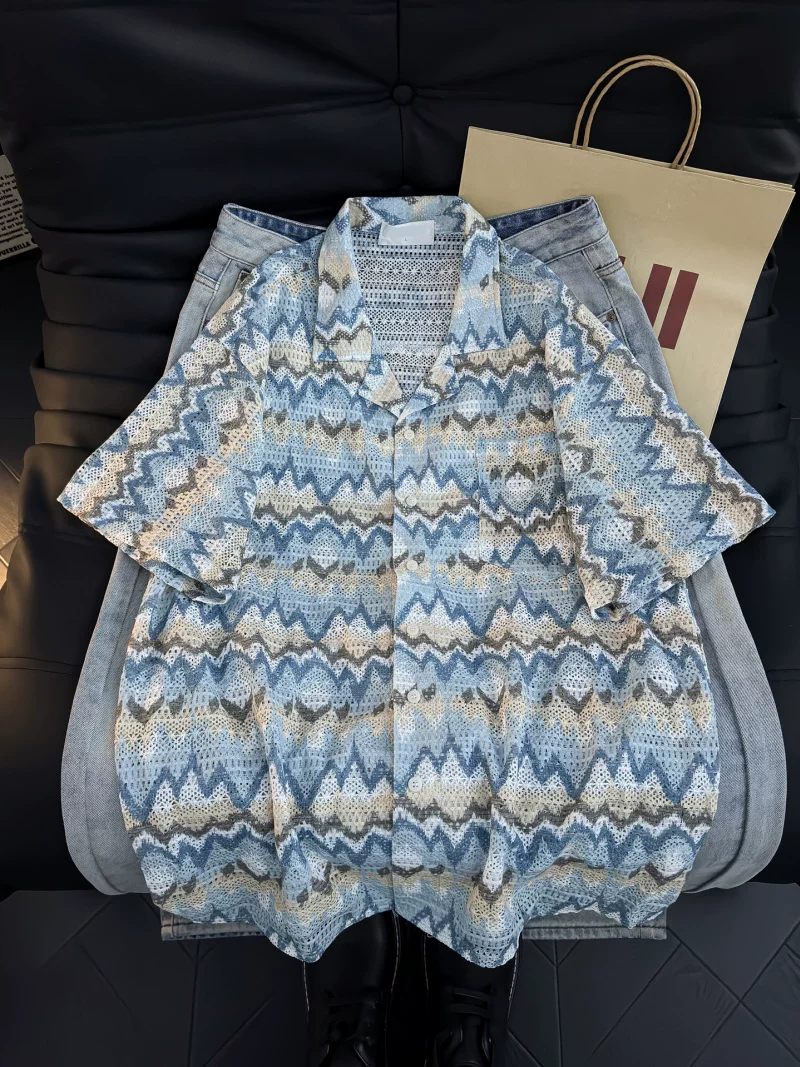 Áo sơ mi ngắn tay phong cách retro của Mỹ dành cho nam, áo khoác sơ mi dáng rộng có cổ mùa hè, thương hiệu thời thượng, áo đa năng phong cách giản dị, cá tính