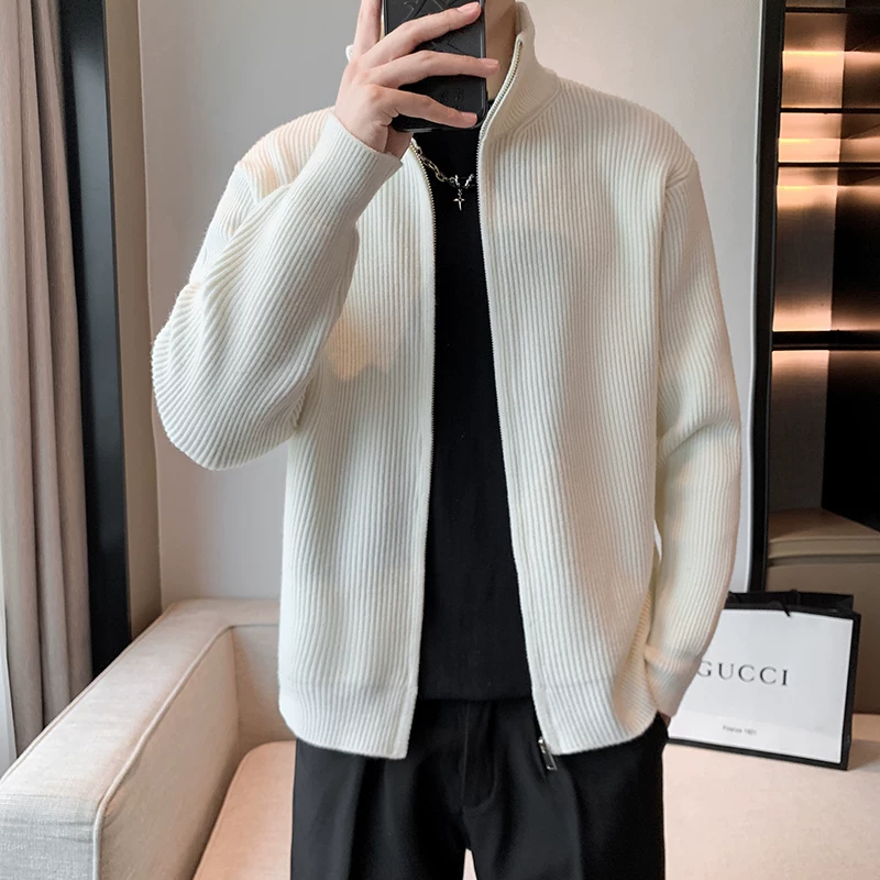 Áo khoác cardigan dệt kim thời trang dành cho nam, phong cách Hàn Quốc thu đông, kiểu dáng lịch lãm và trưởng thành, áo khoác len cổ đứng thời thượng.