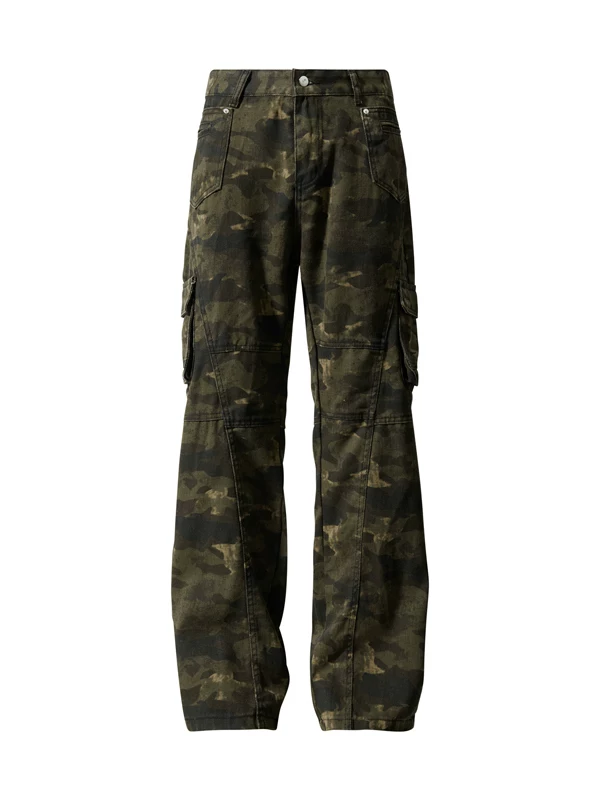 Quần cargo nhiều túi họa tiết rằn ri dành cho nam, quần dài ống loe dáng thẳng phong cách hip-hop mùa hè, quần jeans retro hợp thời trang.