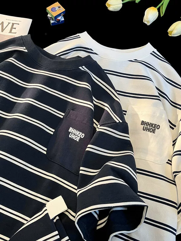 Áo thun kẻ sọc kiểu Nhật dành cho nam 2024, mẫu mới hè, chất liệu cotton nguyên chất, tay ngắn, kiểu dáng rộng rãi, thời trang, đa năng, dành cho học sinh, cặp đôi.