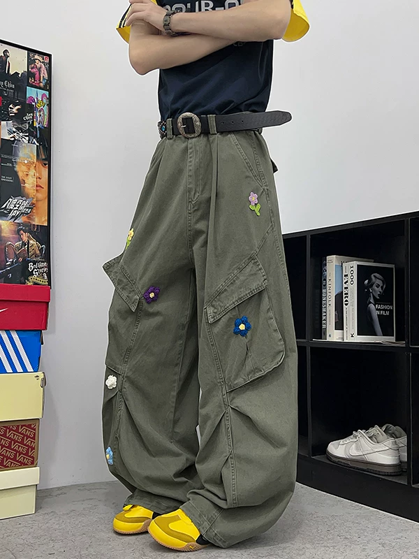 Quần jean nam thêu hoa có túi lớn, quần lính dù ống đứng phong cách retro Mỹ, quần công sở ống rộng thời thượng, quần thường ngày.