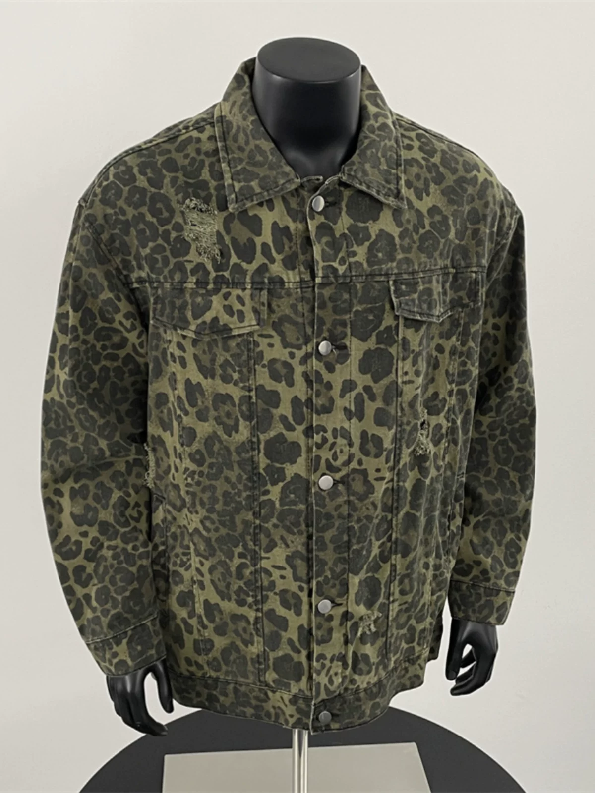 Áo khoác denim in họa tiết da báo hợp thời trang dành cho nam, mùa xuân, phong cách cao cấp, áo khoác công sở dáng rộng kiểu Mỹ.