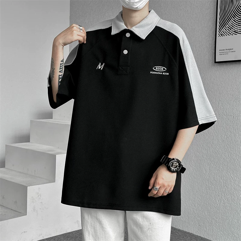 Áo polo waffle chất liệu dày dặn dành cho nam, áo thun tay ngắn phối màu thời trang phong cách Mỹ mùa hè, áo kiểu dáng rộng rãi đa năng tay lửng.