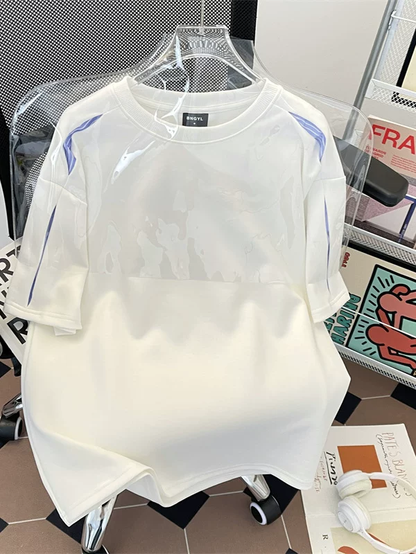 Áo thun nam tay ngắn phối vải sọc nặng, kiểu dáng phá cách, chất liệu mát mẻ, phong cách Mỹ, cổ tròn, mùa hè.