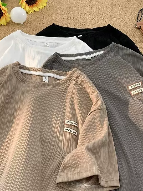 Áo thun ngắn tay có nhãn hiệu Ice Silk dành cho nam, áo thun dáng rộng kiểu Nhật Bản cổ tròn nửa tay phong cách Hồng Kông mùa hè hợp thời trang dành cho cặp đôi