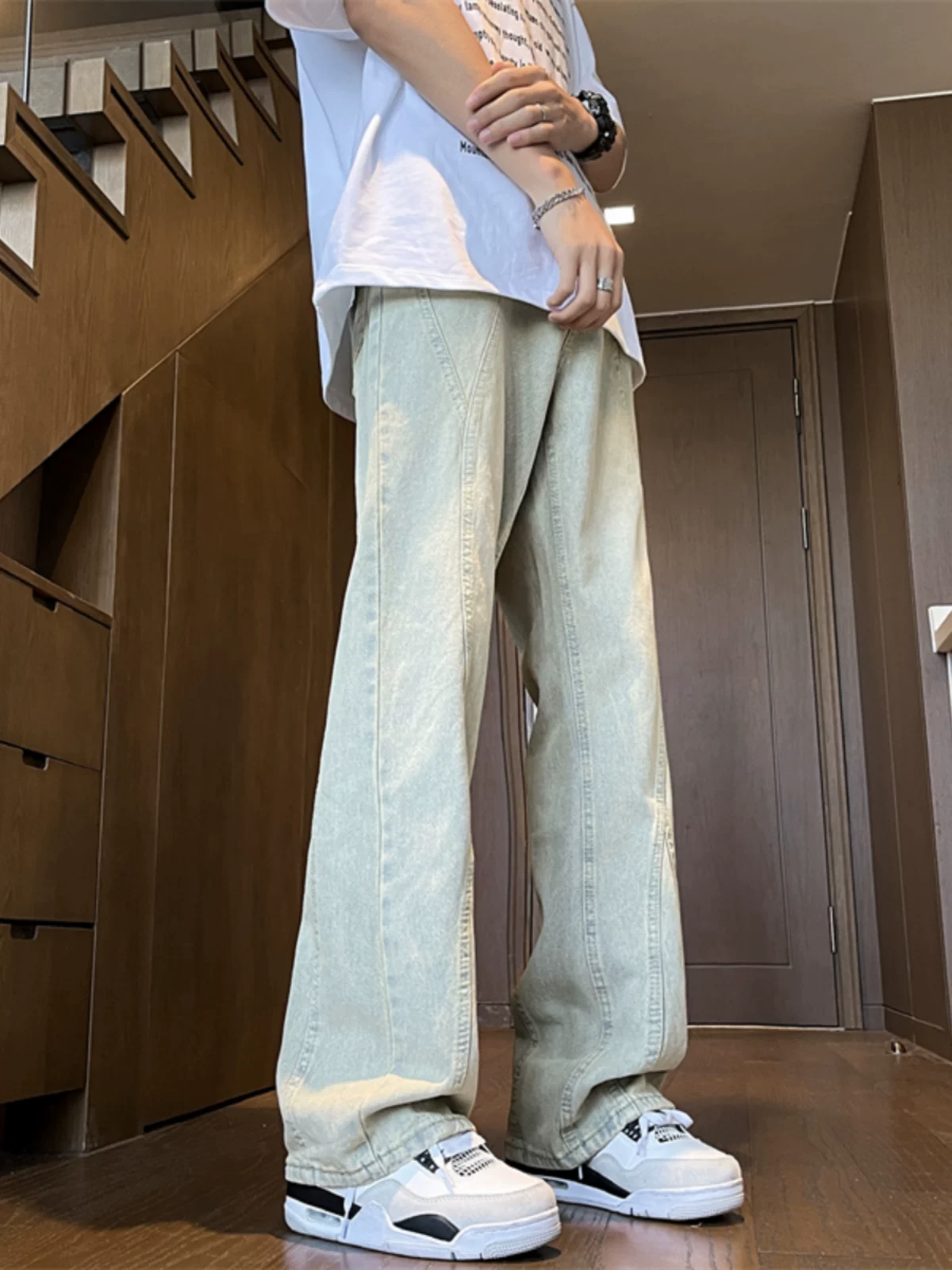 Quần jeans màu vàng đất phong cách đường phố Mỹ, quần casual mùa hè rộng rãi, hợp thời trang, kiểu dáng loe dành cho nam