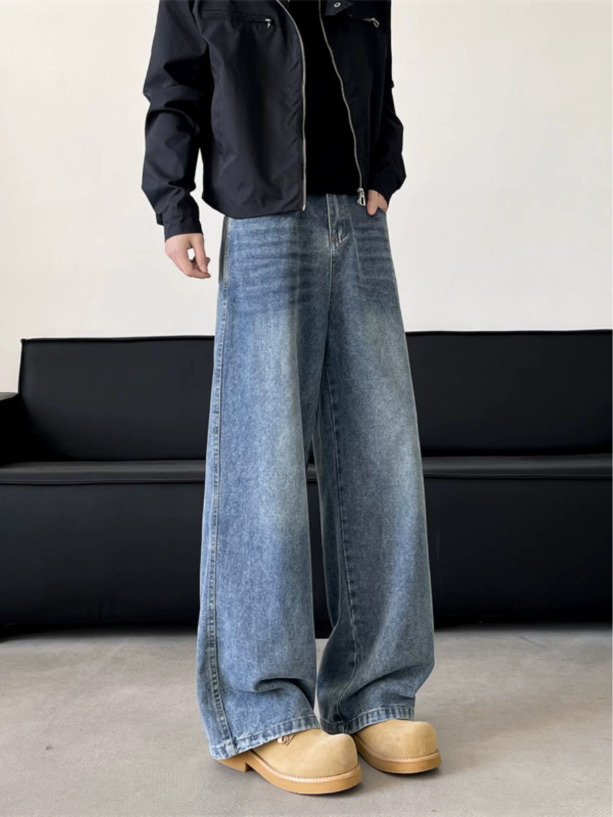 Quần jeans nam vintage đã qua xử lý, dành cho mùa thu đông, phong cách retro Mỹ, thương hiệu thời thượng, quần dài ống rộng thoải mái.