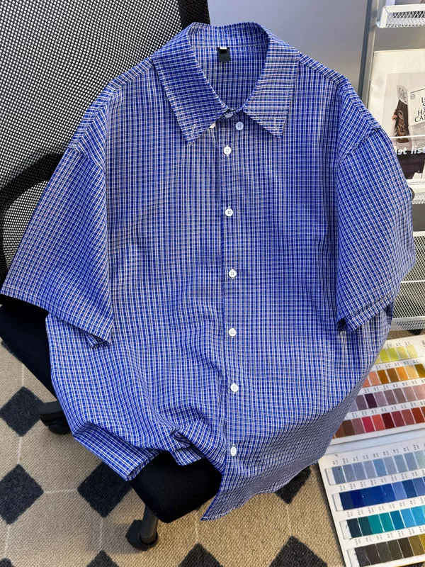 Áo sơ mi ngắn tay phong cách retro Mỹ dành cho nam, áo nửa tay thời trang mùa hè, áo sơ mi kẻ sọc cityboy Nhật Bản