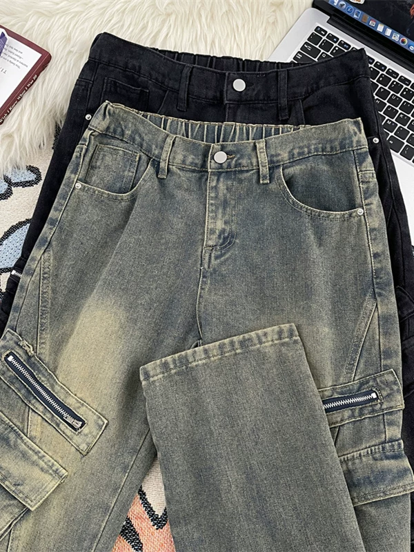 Quần jean nam túi lớn, phong cách retro Mỹ, thương hiệu thời thượng, quần ống rộng dáng suông, phong cách đường phố cá tính, quần dài hơi loe.
