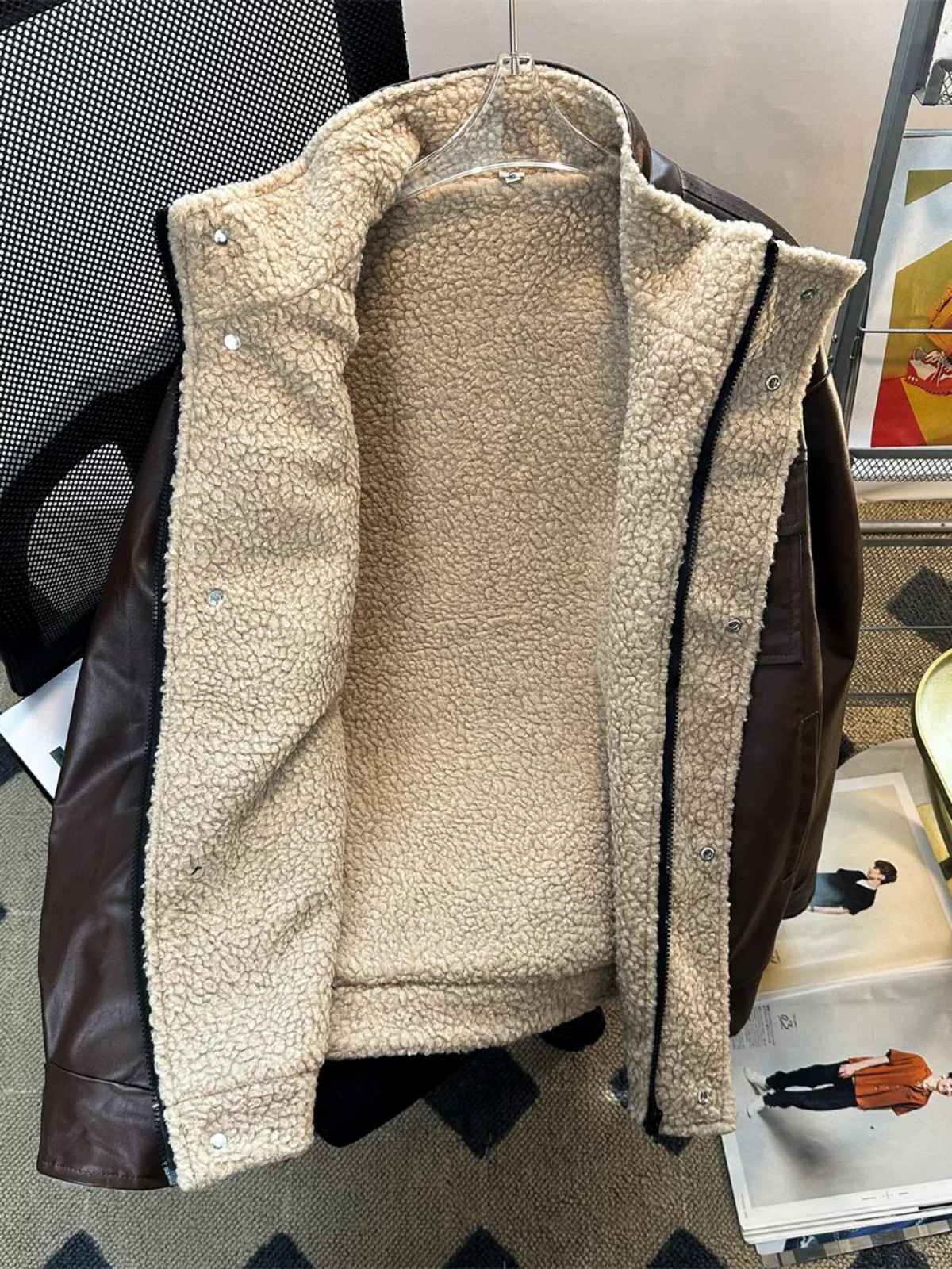 Áo khoác cotton len cừu phong cách retro Nhật Bản dành cho nam, áo khoác cotton da PU kiểu Mỹ mùa đông, quần áo cotton dày dặn ấm áp cao cấp.