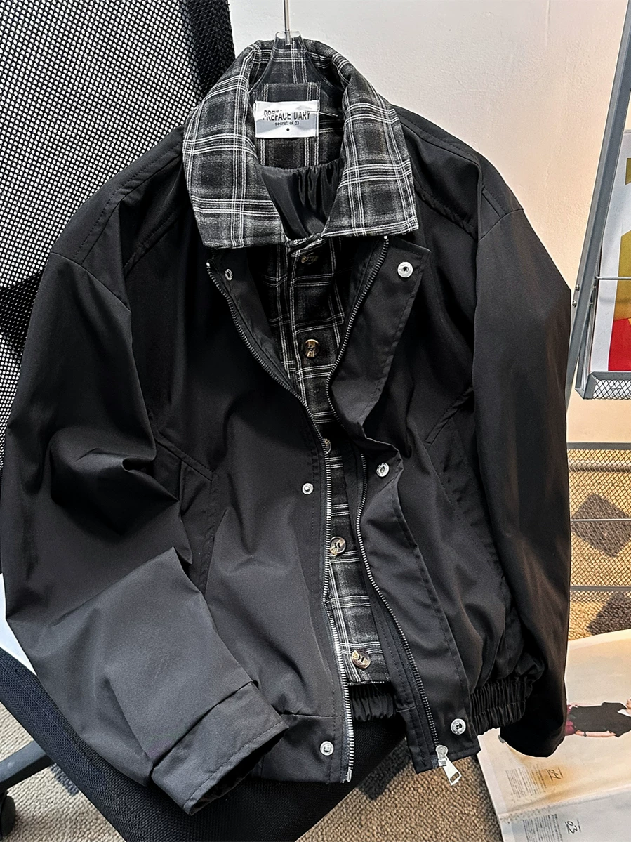 Áo khoác retro Mỹ dành cho nam, áo khoác bóng chày giả hai mảnh phong cách cổ điển hợp thời trang, thiết kế xuân thu, dáng rộng.