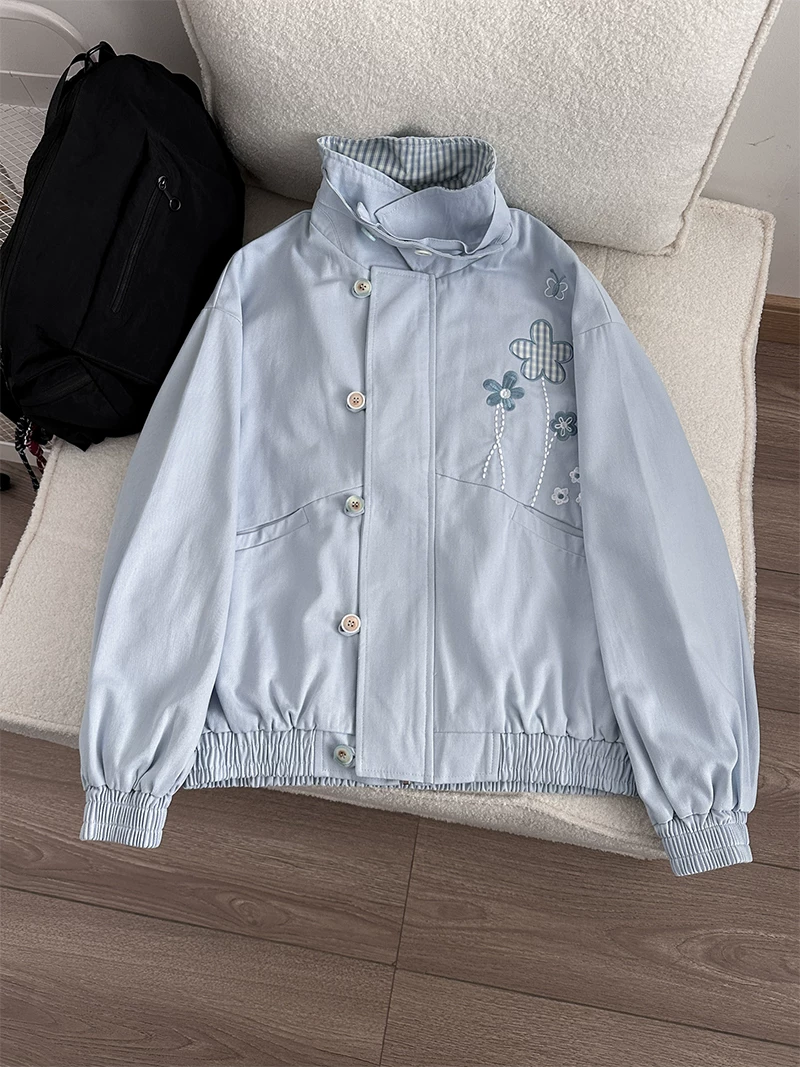 Áo khoác cổ đứng thêu kiểu Mỹ dành cho nam và nữ, áo khoác chắp vá kẻ sọc rộng rãi cho mùa xuân thu, thương hiệu thời thượng, áo khoác ngoài phong cách cặp đôi cá tính.