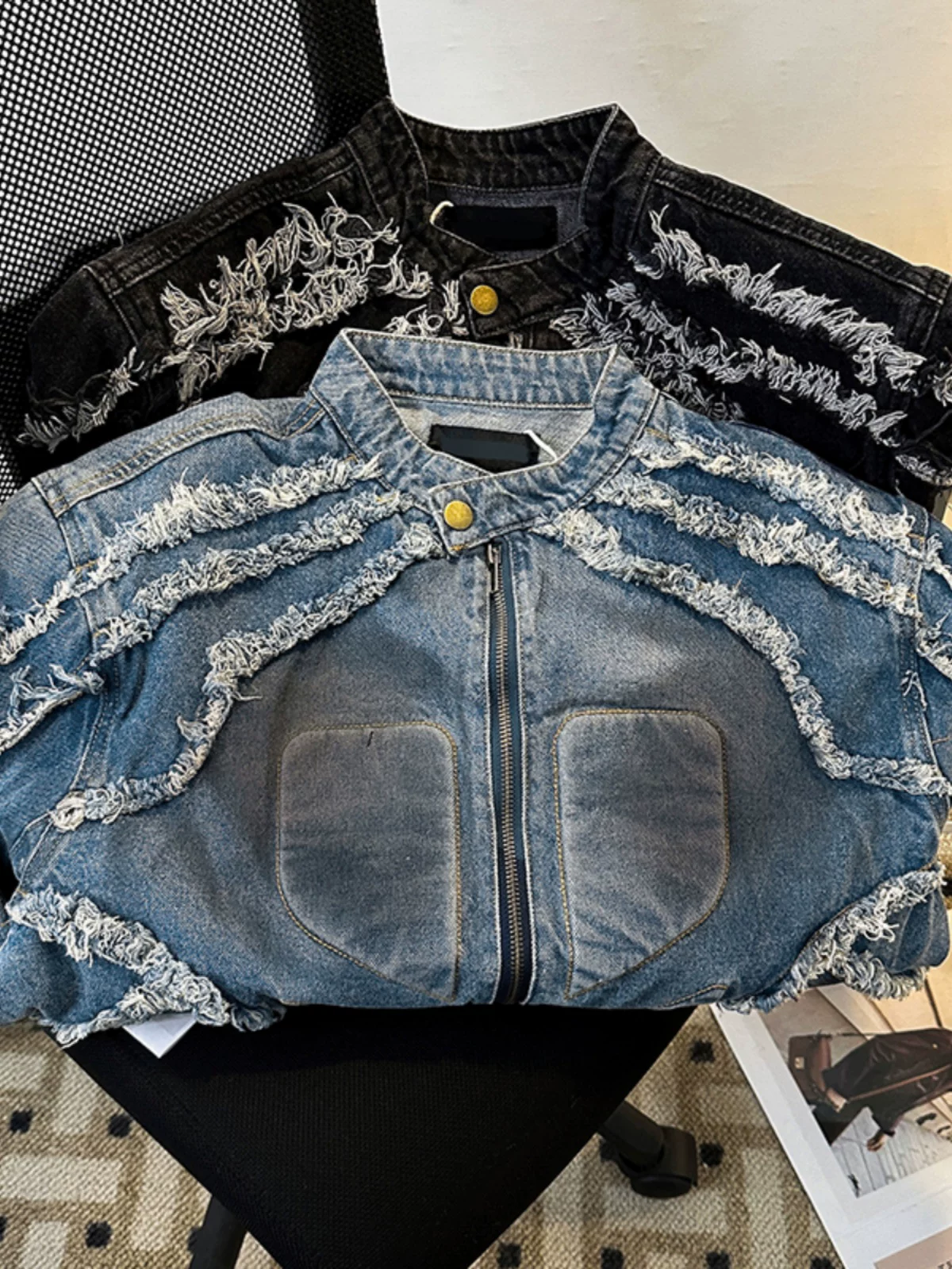 Áo khoác denim nam có đệm vai viền tua rua, phong cách Mỹ cổ điển mùa xuân thu, áo khoác biker thời thượng, thương hiệu nổi tiếng.