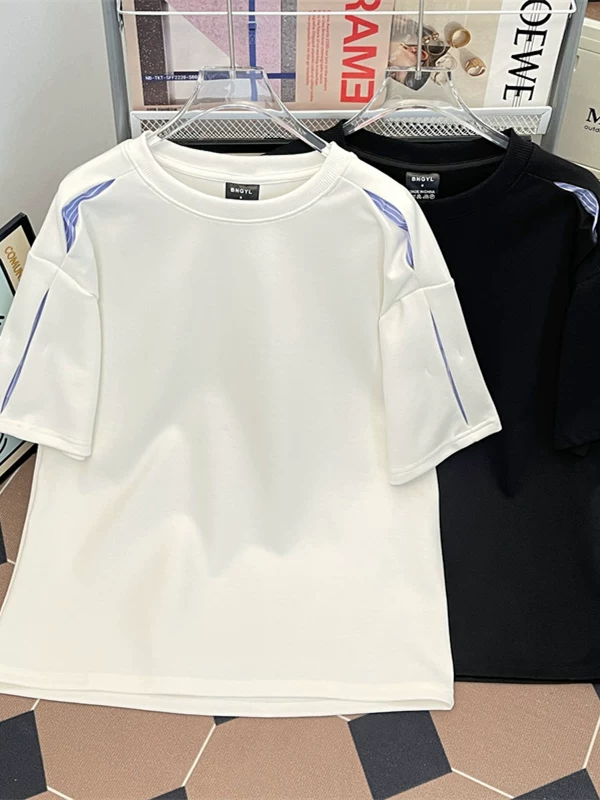 Áo thun nam tay ngắn phối vải sọc nặng, kiểu dáng phá cách, chất liệu mát mẻ, phong cách Mỹ, cổ tròn, mùa hè.