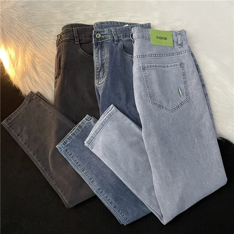 Quần jean phong cách ins thời thượng, quần mỏng đa năng mùa hè, kiểu dáng ôm vừa vặn dành cho nam, phong cách Hồng Kông, quần dài ống đứng rộng rãi dành cho học sinh.