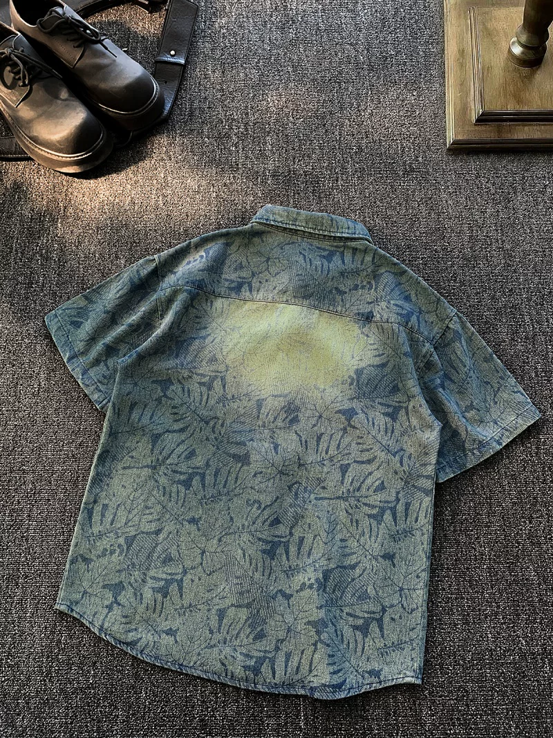 Áo sơ mi denim ngắn tay đã qua giặt, kiểu dáng vintage dành cho nam, áo kiểu mùa hè rộng rãi thoải mái, áo khoác phong cách Mỹ thời thượng, cá tính.