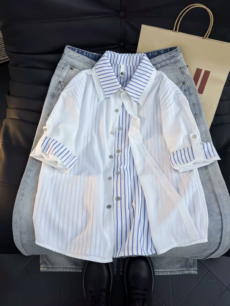 Áo sơ mi ngắn tay giả hai mảnh phong cách Mỹ dành cho nam, áo sọc phối màu mùa hè, áo khoác sơ mi thiết kế rộng rãi hợp thời trang.