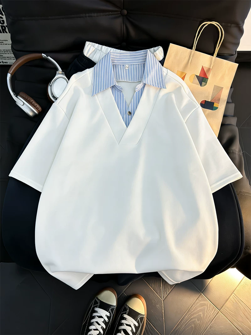 Áo Polo giả hai mảnh tay ngắn cho nam, áo sơ mi sọc mùa hè có cổ, áo thun dáng rộng phong cách cao cấp hợp thời trang.