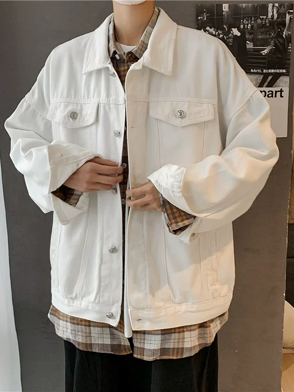 Áo khoác denim trắng cho nam 2024 mới mùa xuân thu phong cách cổ điển Hồng Kông kiểu dáng đa năng rộng rãi hợp thời trang áo khoác công sở