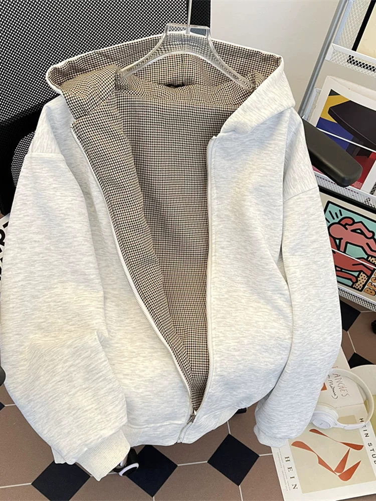 Áo len cardigan có thể đảo ngược dành cho nam, phong cách xuân thu, họa tiết răng cưa kiểu Mỹ cổ điển, quần áo có mũ trùm đầu rộng rãi hợp thời trang dành cho cặp đôi.