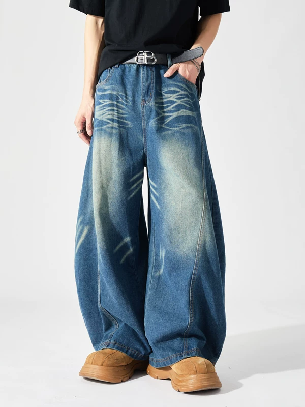 Quần jeans nam phong cách retro Mỹ cho mùa xuân hè, thương hiệu thời thượng, giặt mài và tạo hiệu ứng cũ kỹ, dáng rộng ống loe nhẹ, dài chạm đất.