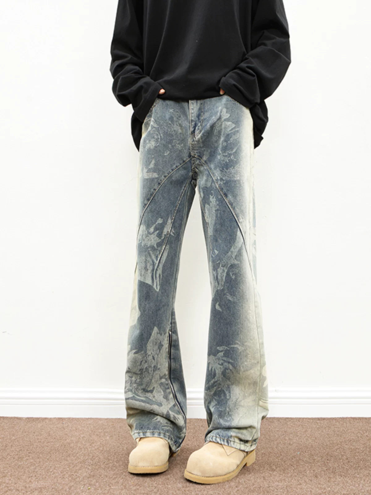 Quần jean tie-dye Totem dành cho nam, quần vintage phong cách Mỹ, quần ống loe dáng thẳng hợp thời trang mùa xuân thu.