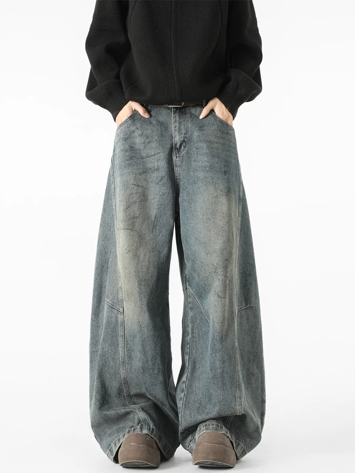 Quần jeans nam kiểu Mỹ cổ điển, thiết kế thương hiệu thời thượng thu đông mới, quần ống rộng dài chạm đất, kiểu dáng xước.