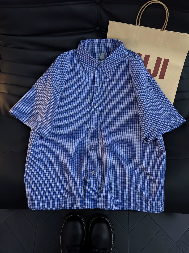 Áo sơ mi ngắn tay kẻ sọc kiểu Mỹ dành cho nam và nữ, áo sơ mi phong cách lười biếng mùa hè, áo đôi dáng rộng hợp thời trang của thương hiệu thời thượng
