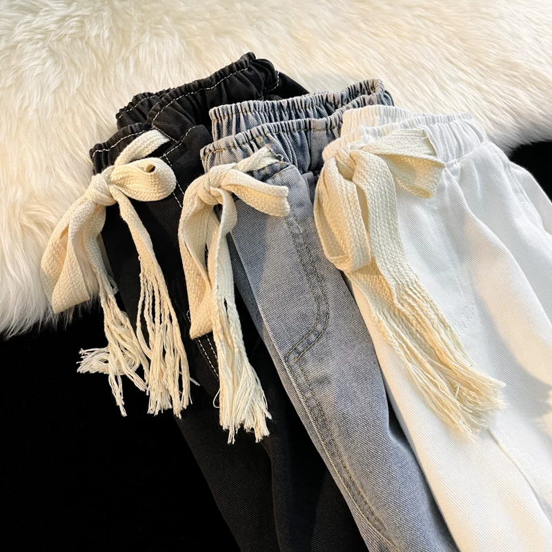 Quần jean rách kiểu Nhật dành cho nam, quần đôi sinh viên đa năng mùa hè, quần dài ống rộng có dây rút hợp thời trang.