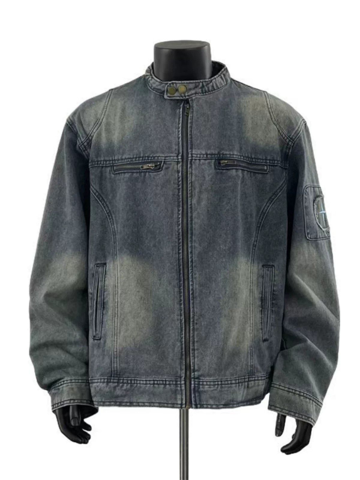 Áo khoác denim cổ đứng phong cách cổ điển kiểu Mỹ dành cho nam, mùa xuân và mùa thu, áo khoác công sở cá tính, áo khoác biker ngắn rộng rãi hợp thời trang.