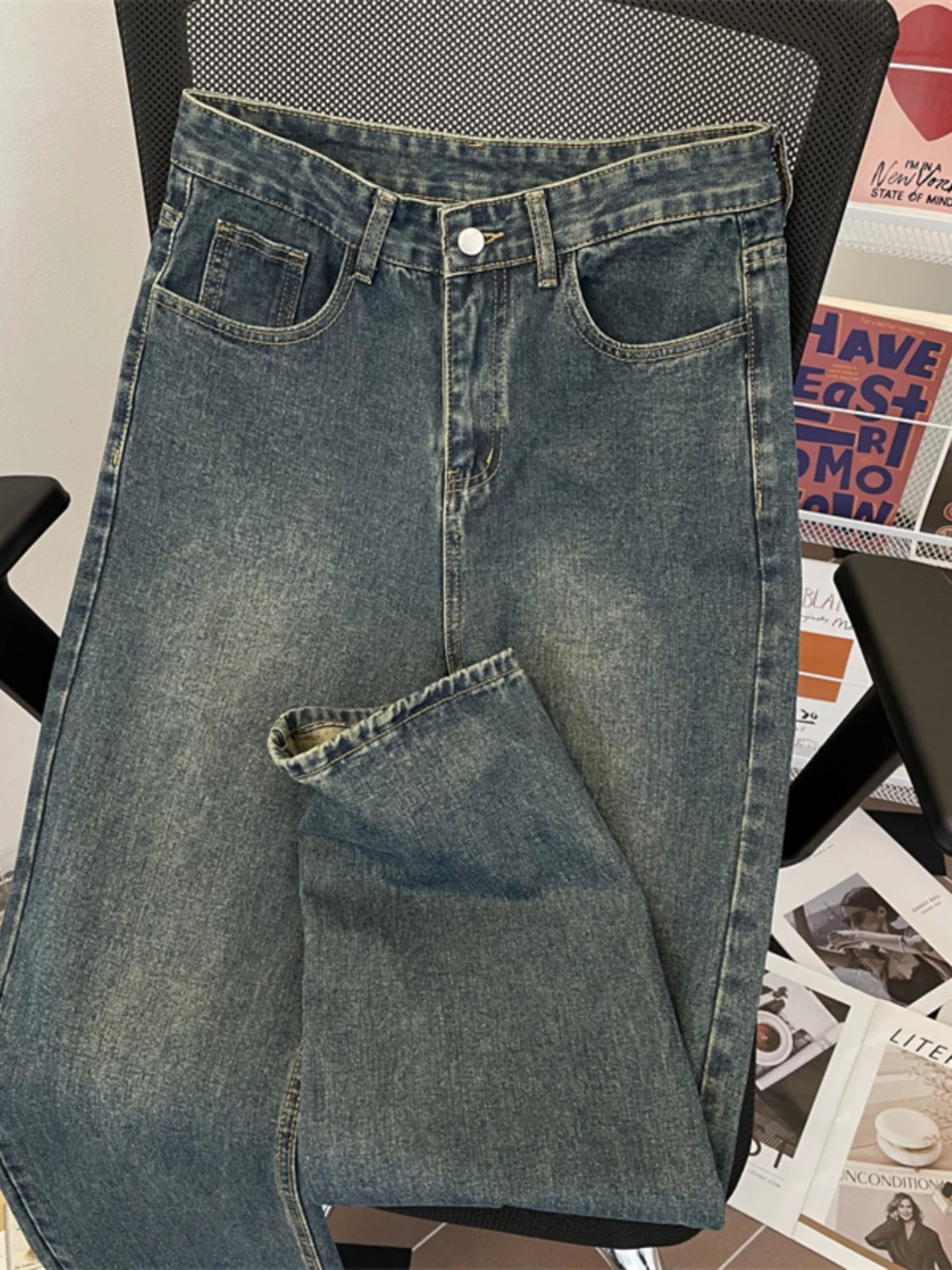 Quần jean vintage mùa hè dành cho nam, quần dài kiểu Mỹ cổ điển, quần dài ống rộng thời trang đa năng, phong cách thường ngày.