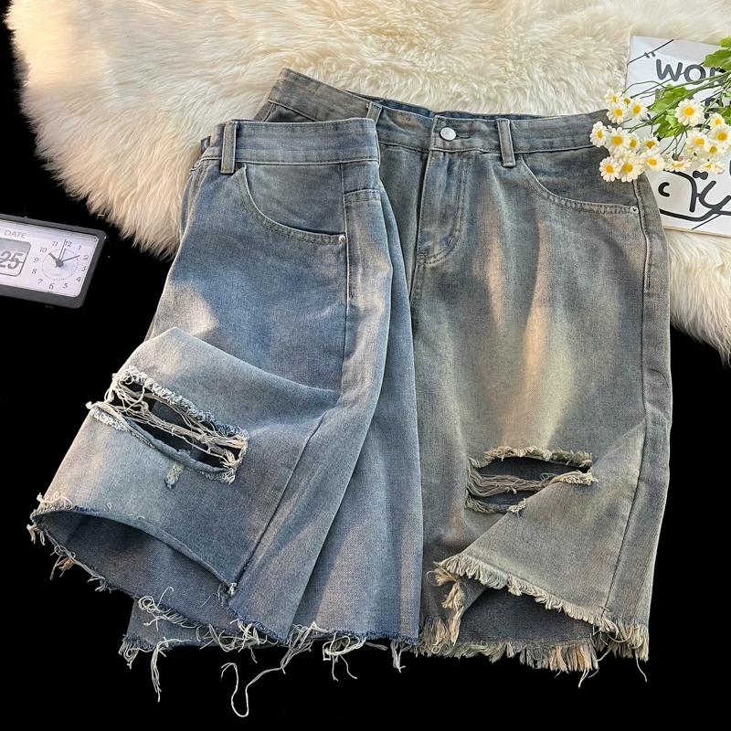 Quần short denim rách cho nam, phong cách Mỹ thời thượng, quần đã qua xử lý giặt mềm, dáng rộng mùa hè, quần short năm phần cá tính và sành điệu.