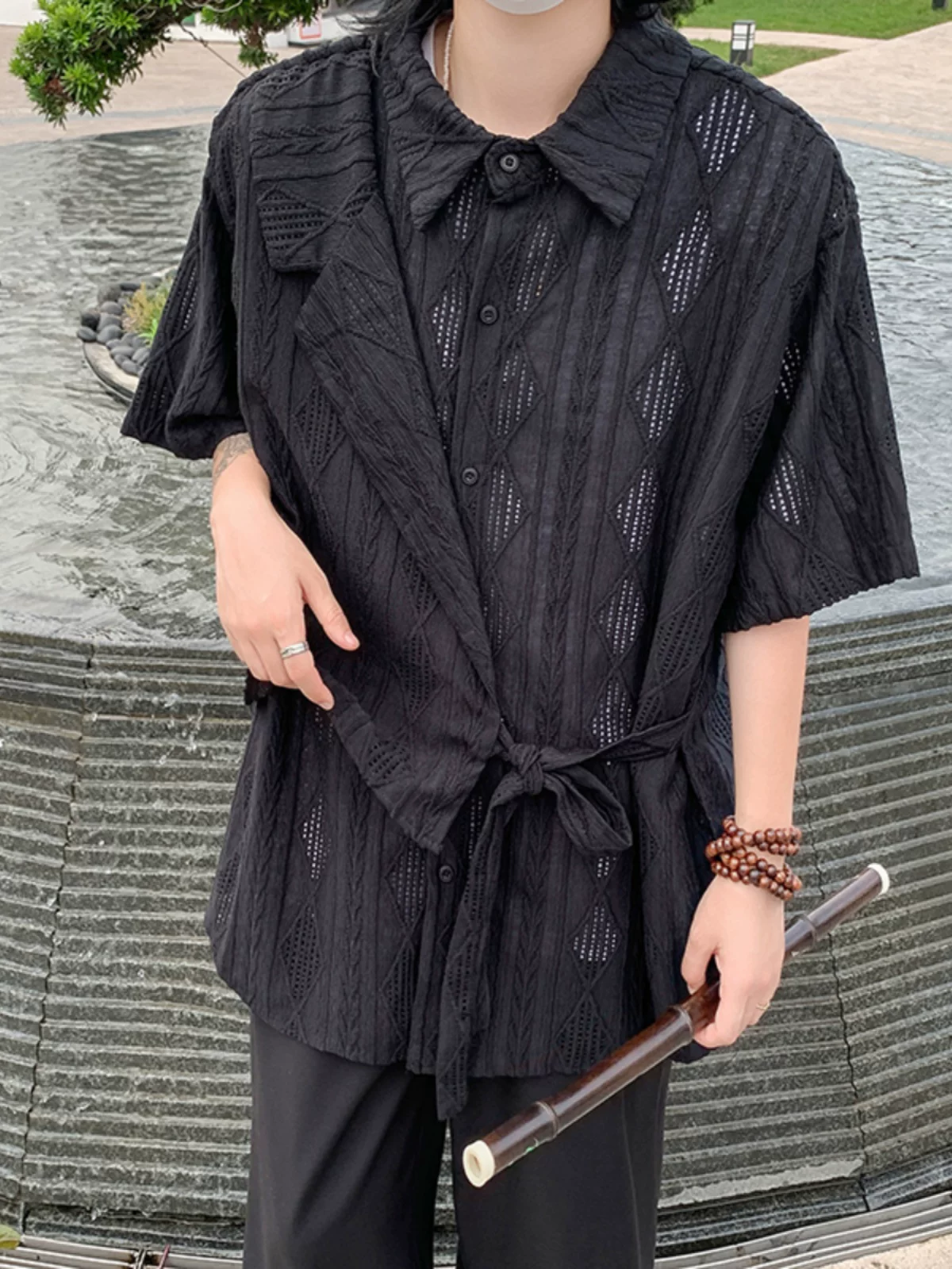 Áo sơ mi nam ngắn tay họa tiết khoét lỗ, cao cấp, mát mẻ và sành điệu, áo sơ mi cặp đôi phong cách Trung Quốc mới hợp thời trang mùa hè, dáng rộng.