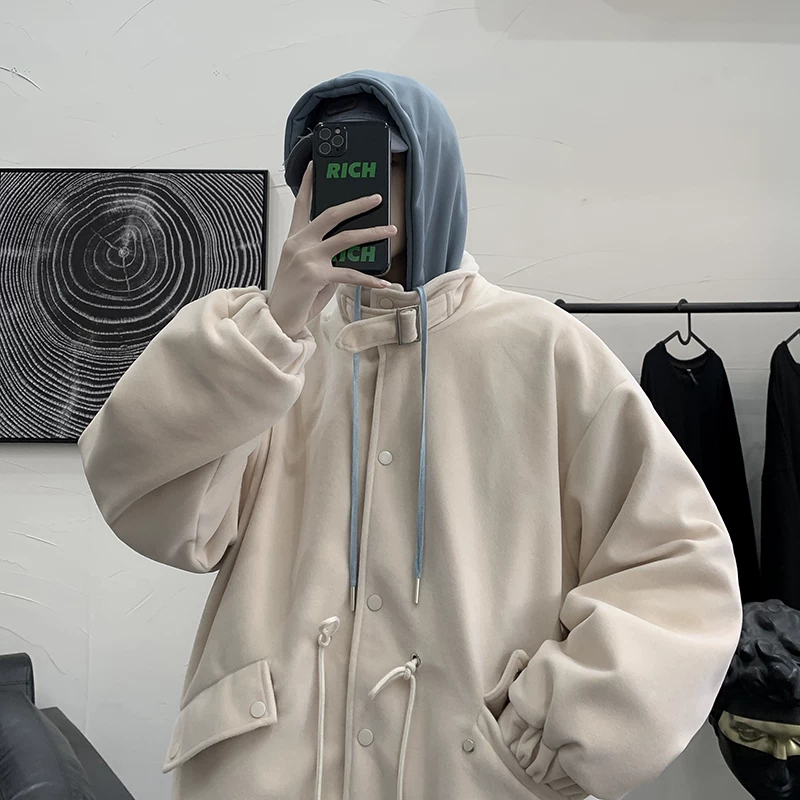 Áo khoác len giả hai mảnh phong cách Hồng Kông dành cho nam, áo khoác có mũ trùm đầu dáng rộng cho cặp đôi mùa thu đông, áo khoác len thời trang cá tính.