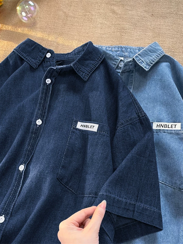 Áo sơ mi denim ngắn tay kiểu Mỹ dành cho nam, áo mùa hè thường ngày, dáng rộng, áo khoác thương hiệu hợp thời trang đa năng dành cho sinh viên.