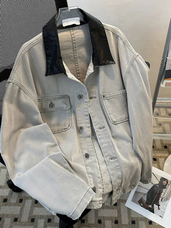 Áo khoác da PU kiểu Mỹ phối chất liệu, áo khoác denim nam mùa xuân thu, kiểu dáng rộng rãi, hợp thời trang, thiết kế cổ điển.