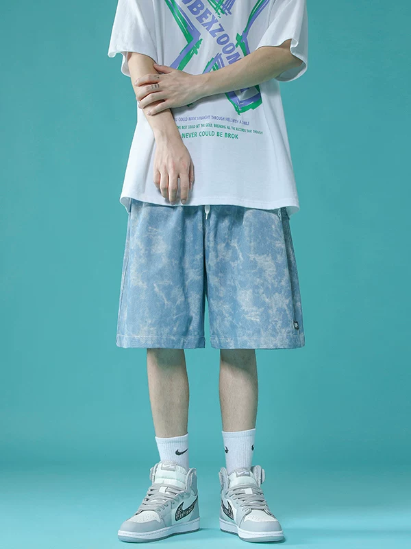 Quần short đi biển nhuộm màu tie-dye dành cho nam, quần short thẳng kiểu Hồng Kông phong cách ins, quần short dáng rộng mùa hè, quần short năm phần phong cách hip-hop hợp thời trang.