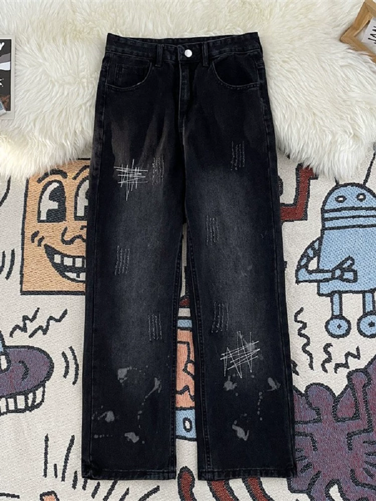Quần jean jacquard in họa tiết phong cách đường phố cá tính dành cho nam mùa xuân thu phong cách Mỹ thời thượng thương hiệu nổi tiếng quần ống đứng rách