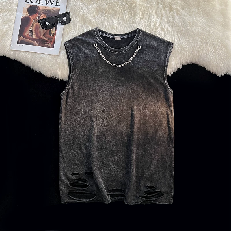 Áo vest nam vintage phong cách đường phố, thiết kế thời thượng kiểu ins, áo thun không tay rộng rãi mát mẻ mùa hè.