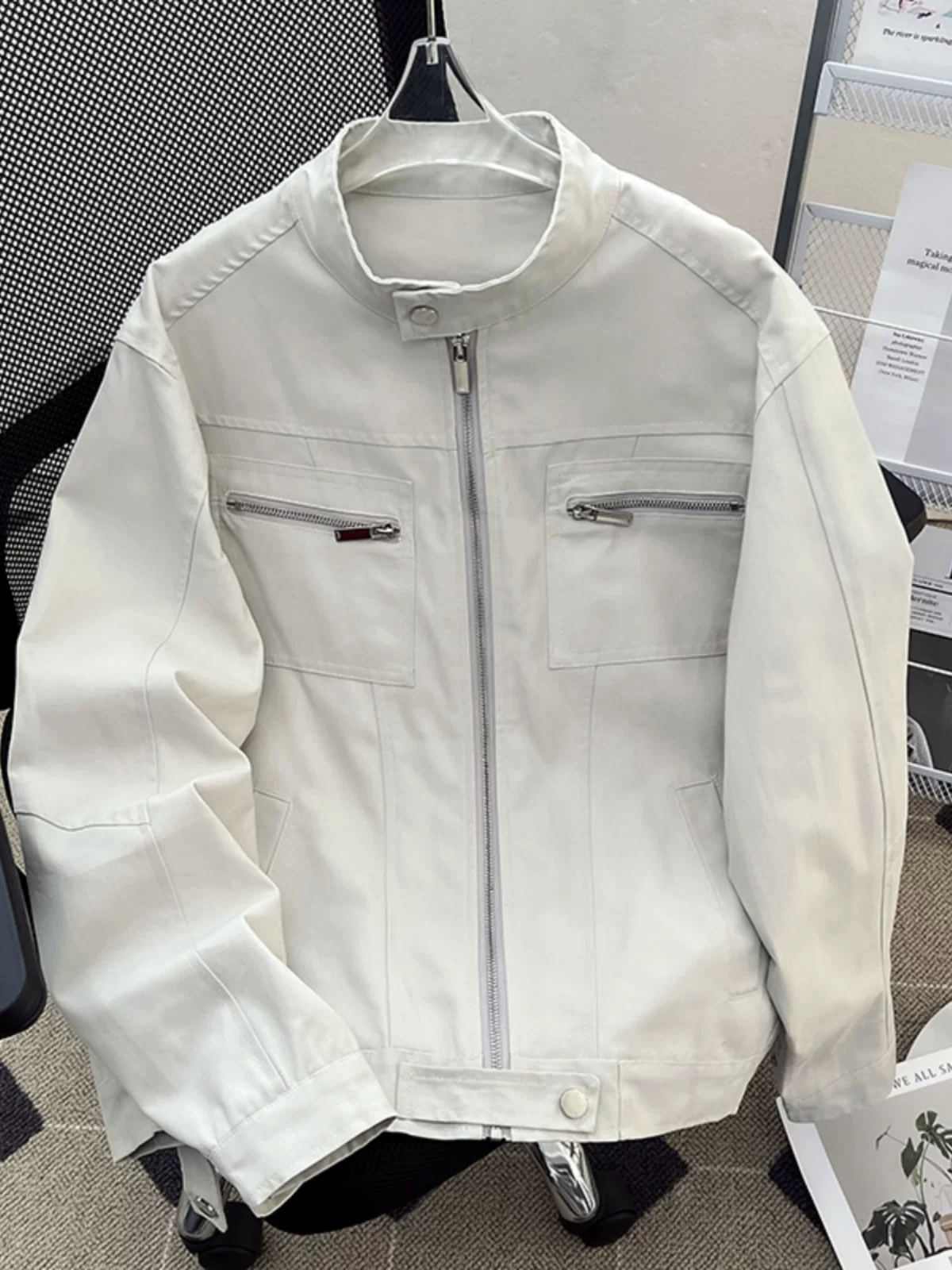 Áo khoác công sở cleanfit mùa xuân thu dành cho nam, áo khoác Harrington kiểu Mỹ cổ điển, áo cổ đứng dáng rộng, thương hiệu thời thượng.