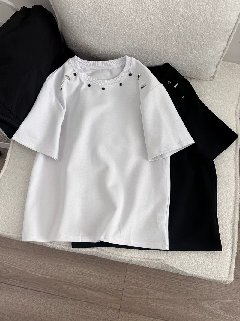 Áo thun ngắn tay thiết kế đính hạt kiểu Mỹ dành cho nam và nữ, áo cổ tròn dáng rộng thương hiệu thời thượng, áo thun chắp vá phá cách mùa hè.