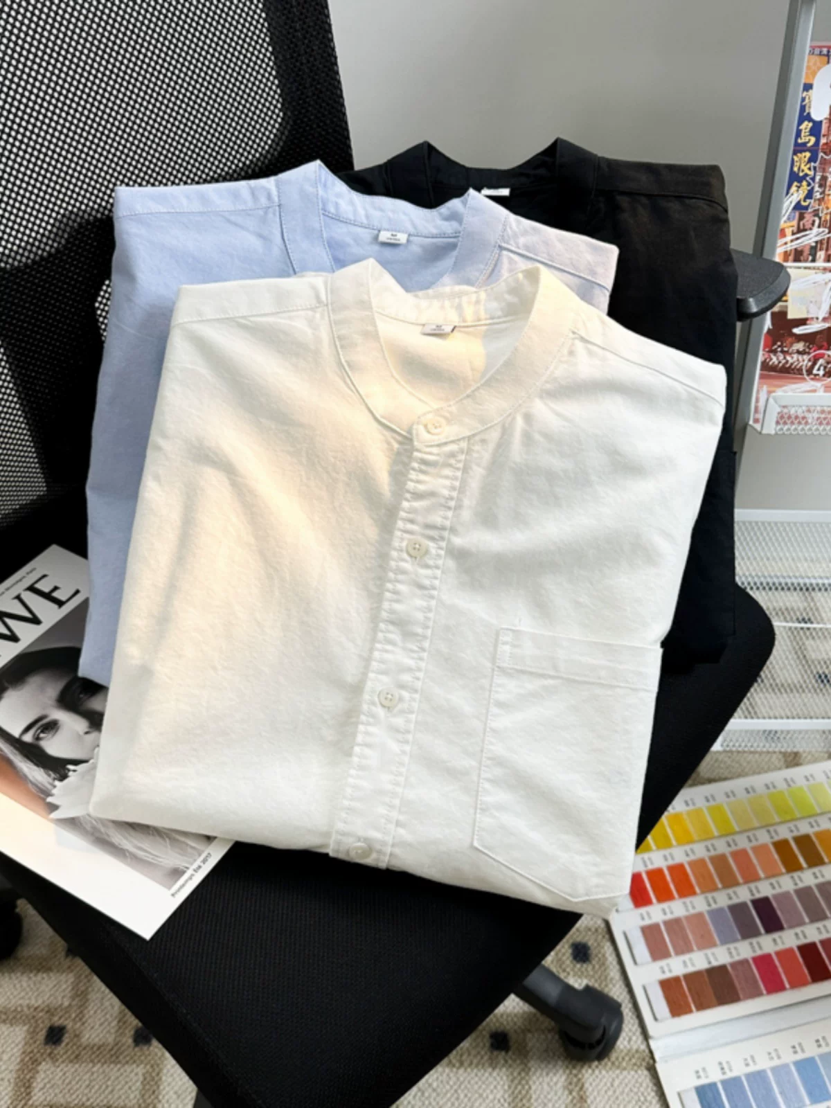 Áo sơ mi nam tay ngắn cổ đứng kiểu Mỹ, áo Oxford chất dày dặn, kiểu dáng rộng rãi, thời trang cao cấp mùa hè.