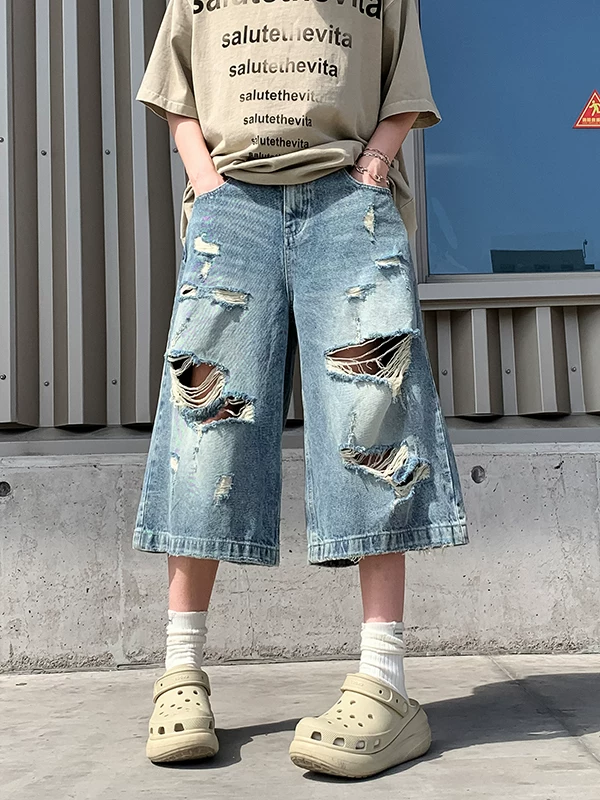 Quần short denim rách unisex thời trang, dáng rộng, ống thẳng, kiểu Mỹ, phong cách đường phố cá tính, quần ống rộng dài ngang gối