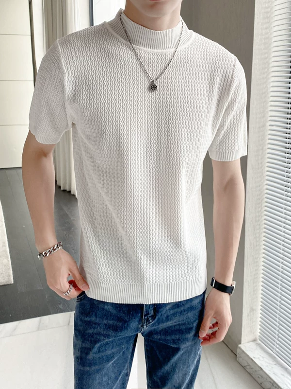 Áo thun ngắn tay lụa băng cao cấp, phong cách Hàn Quốc mùa hè, áo dệt kim nửa tay mát mẻ và sành điệu, áo thun cổ cao nửa cổ thời thượng BF dành cho nam.