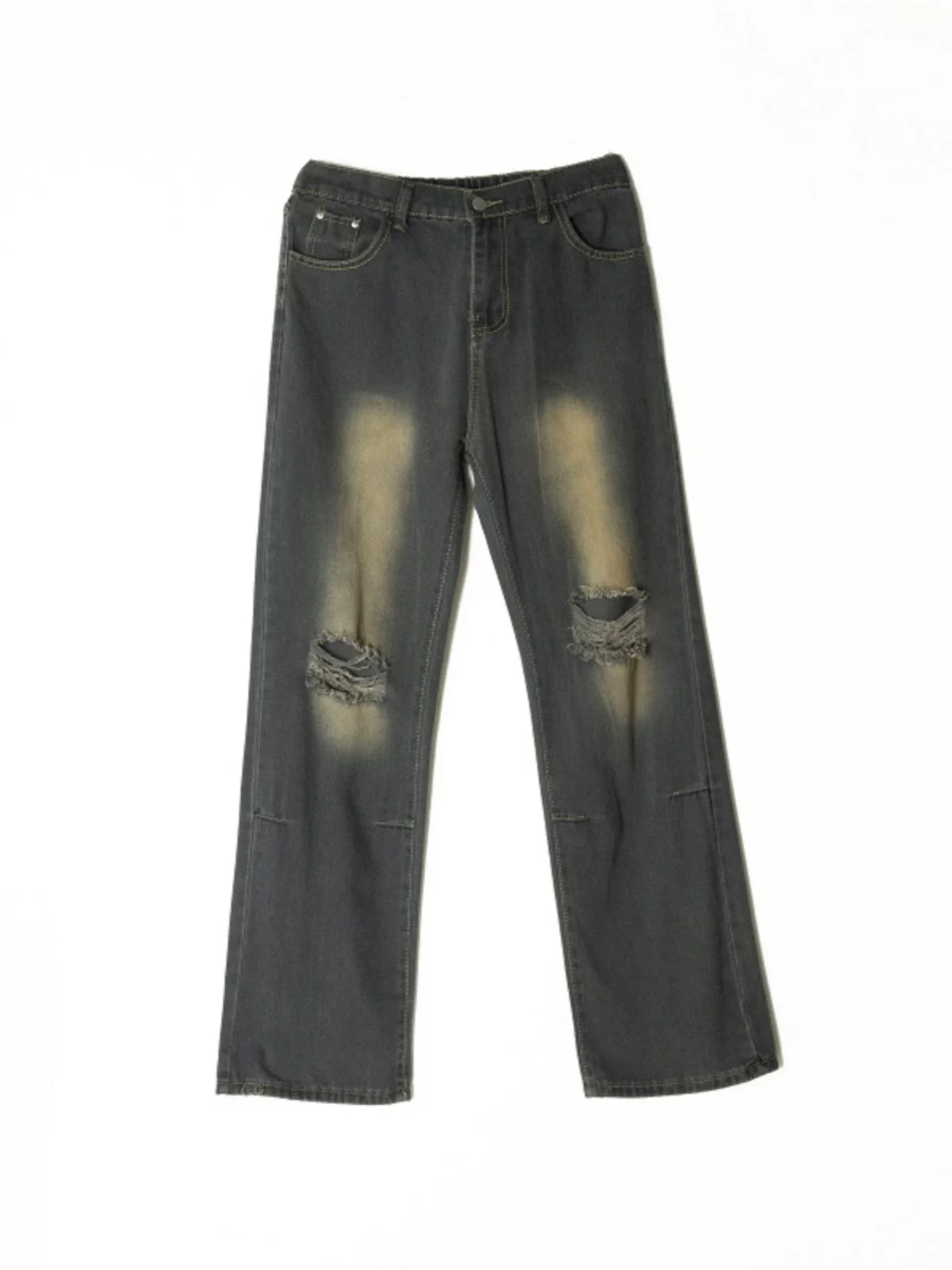 Quần jeans nam phong cách retro Mỹ, quần rách thời thượng, quần dài ống rộng suông mỏng mùa hè.