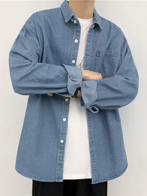 Áo sơ mi denim retro thương hiệu thời thượng dành cho nam, áo khoác sơ mi dài tay dáng rộng phong cách Hàn Quốc thời thượng mùa xuân thu