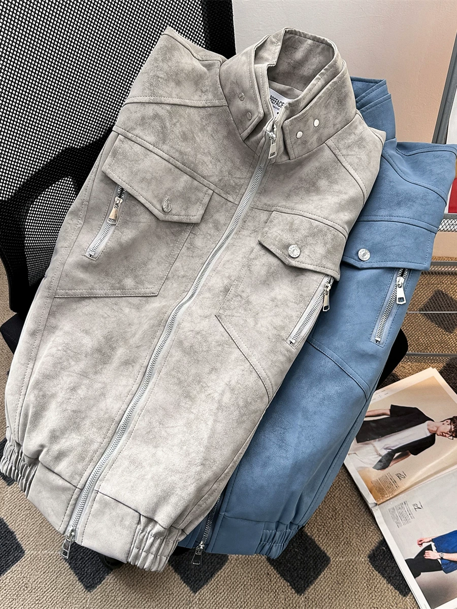 Áo khoác da kiểu Mỹ dành cho nam, mùa xuân, cao cấp, áo khoác da PU cá tính và thời trang, áo khoác Harrington cổ đứng kiểu dáng gọn gàng.