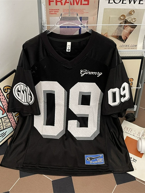 Áo thun ngắn tay cổ chữ V thoáng khí dành cho nam và nữ, áo thun lụa băng phong cách retro Mỹ mùa hè, áo thun thể thao đường phố hợp thời trang