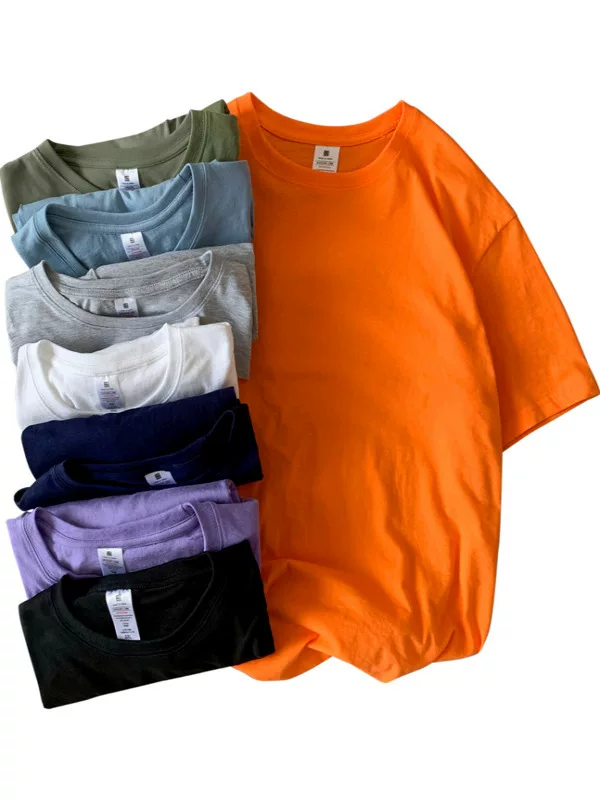 Áo thun ngắn tay cho nam, thương hiệu thời thượng, dáng rộng, áo thun nửa tay cotton nguyên chất hợp thời trang, phong cách Hồng Kông mùa hè, trang phục màu trơn đơn giản và đa năng.