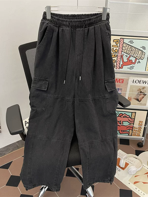 Quần jean công sở lưng thun cho nam, thương hiệu thời thượng của Mỹ, túi lớn, quần ống rộng, quần dài phong cách retro Nhật Bản.